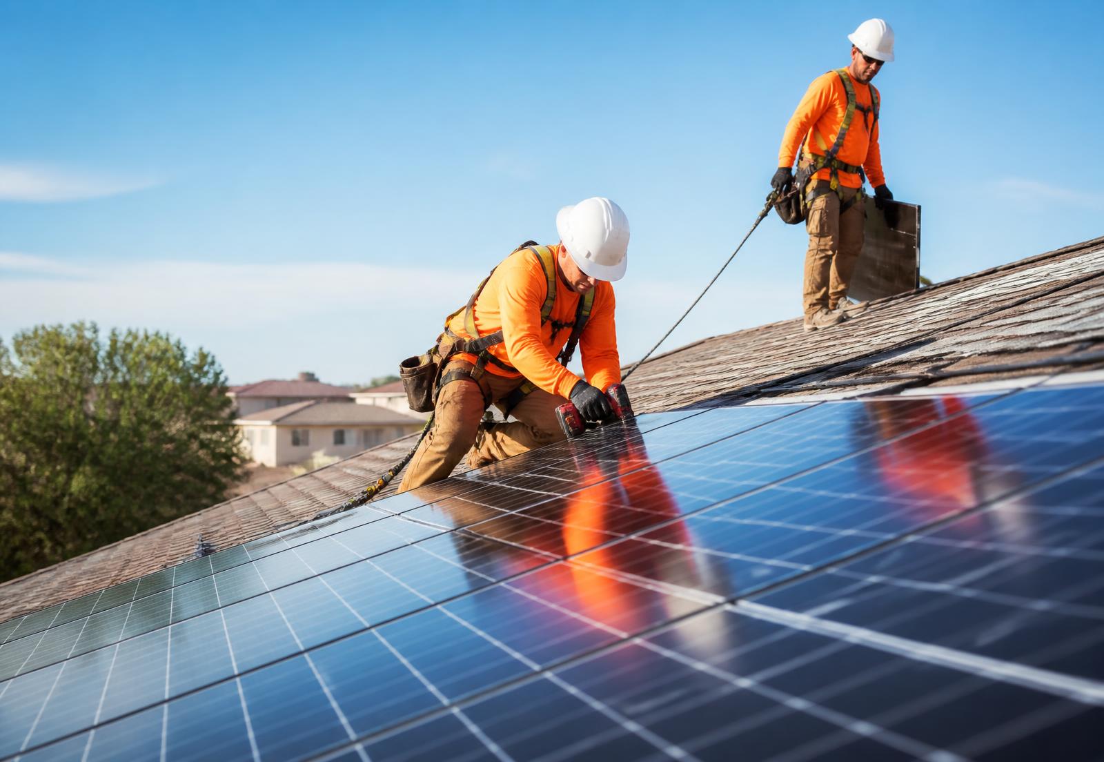 Montörer installerar solpaneler på ett tak i skymningen